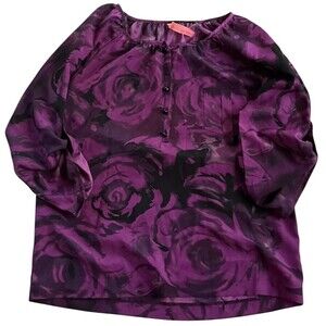 Eight Sixty Bold Floral Purple Blouse‎ Small Y2K Roll Tab 3/4 Sleeve Bloomcore